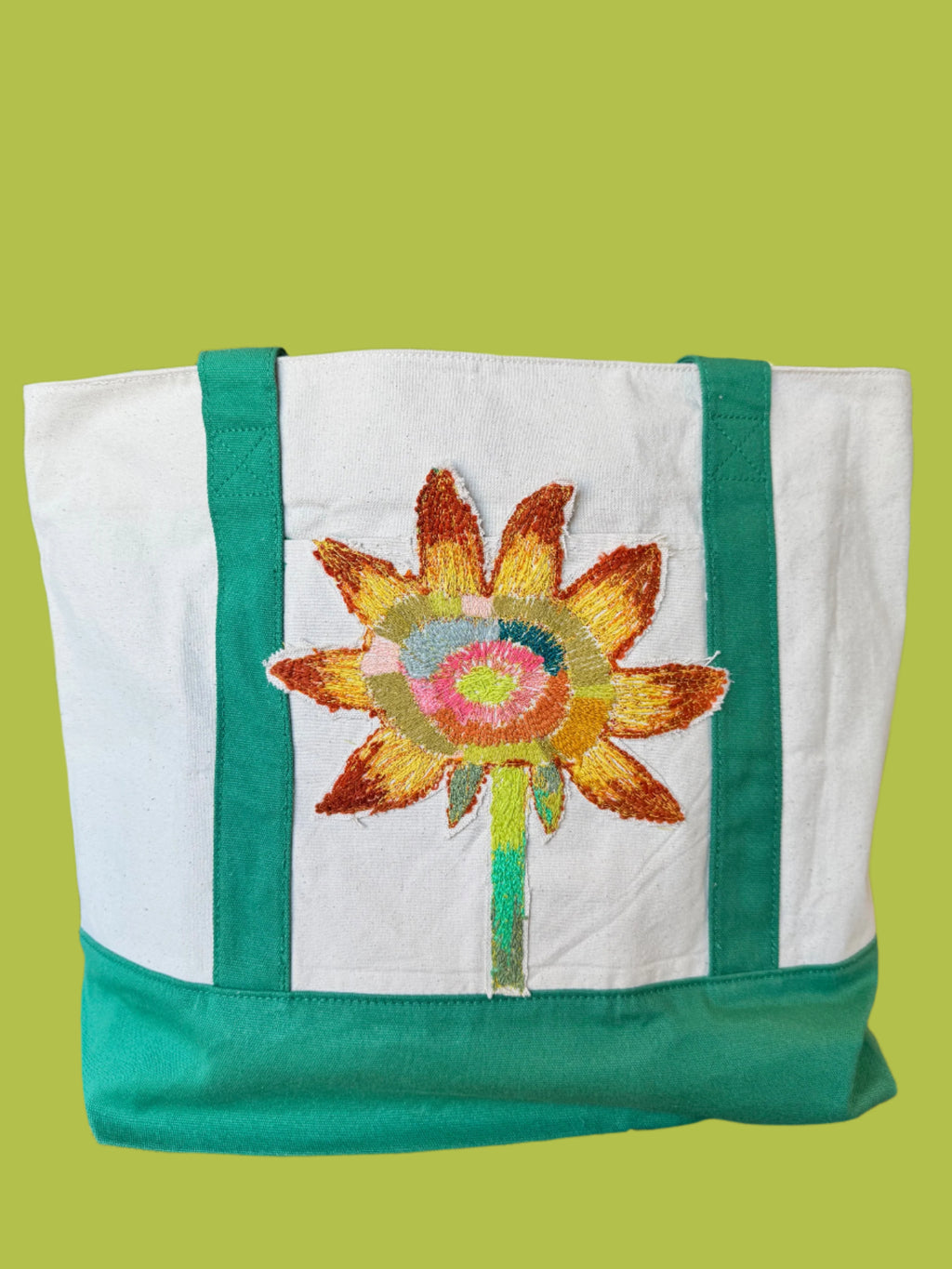 GREEN SUMMER CANVAS TOTE SUNFLOWER